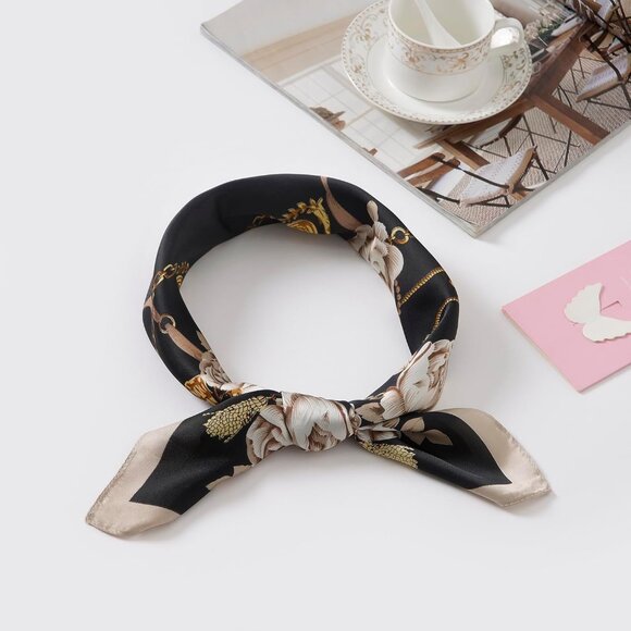 Women Black Flower Headscarf Satin Bandana Pattern Polyester Breathable Scarves - Picture 2 of 7